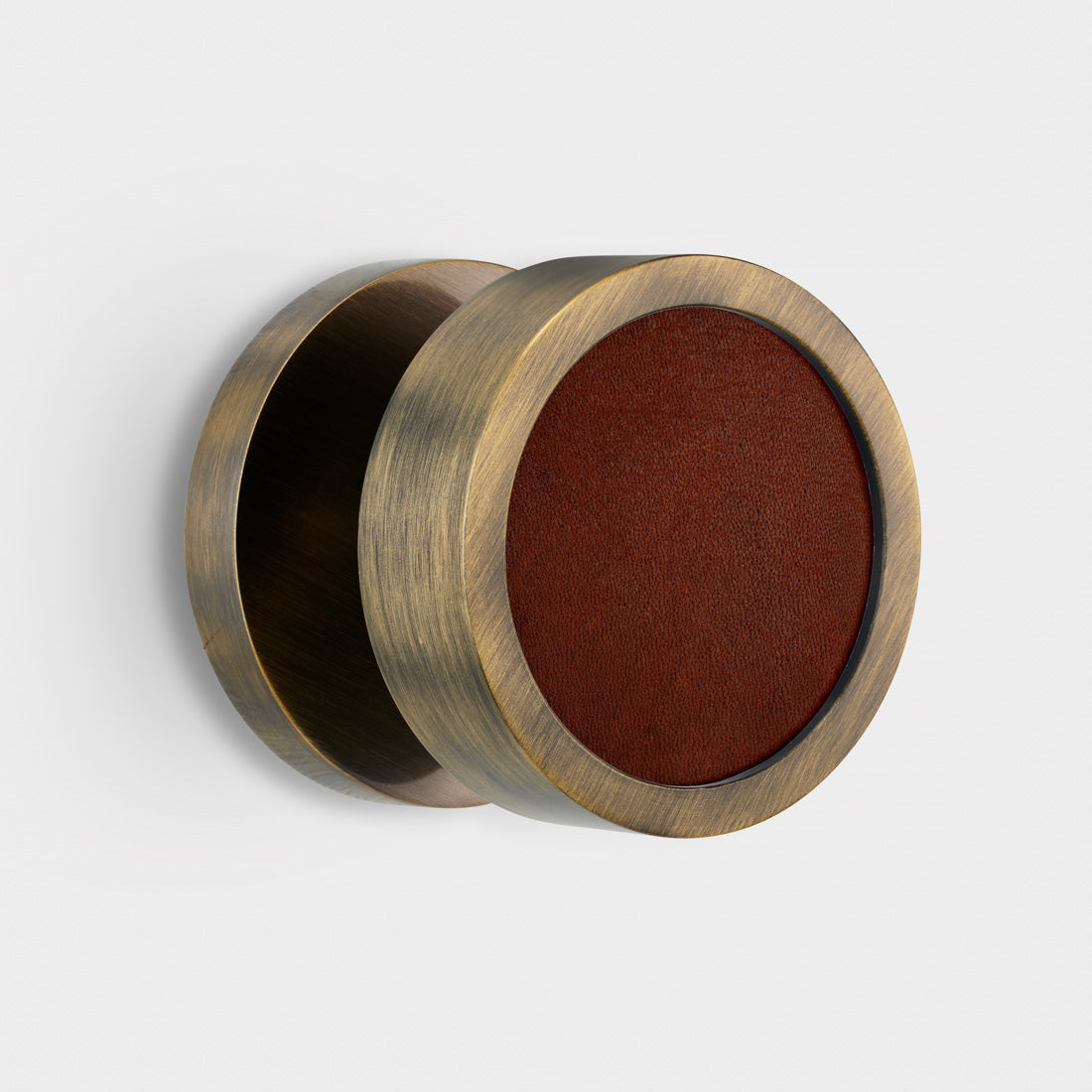 Brass & Leather Mortice Door Knobs in Antique