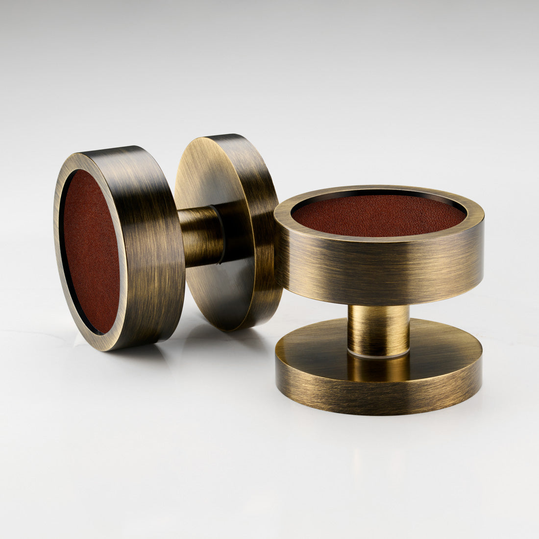 Brass & Leather Mortice Door Knobs in Antique