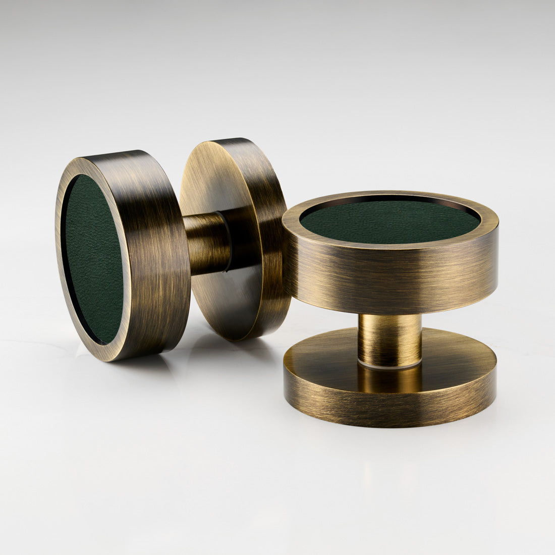 Brass & Leather Mortice Door Knobs in Antique