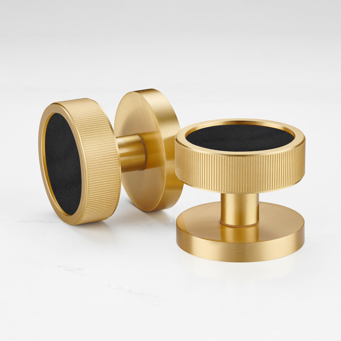 Brass & Leather Mortice Door Knobs in Gold