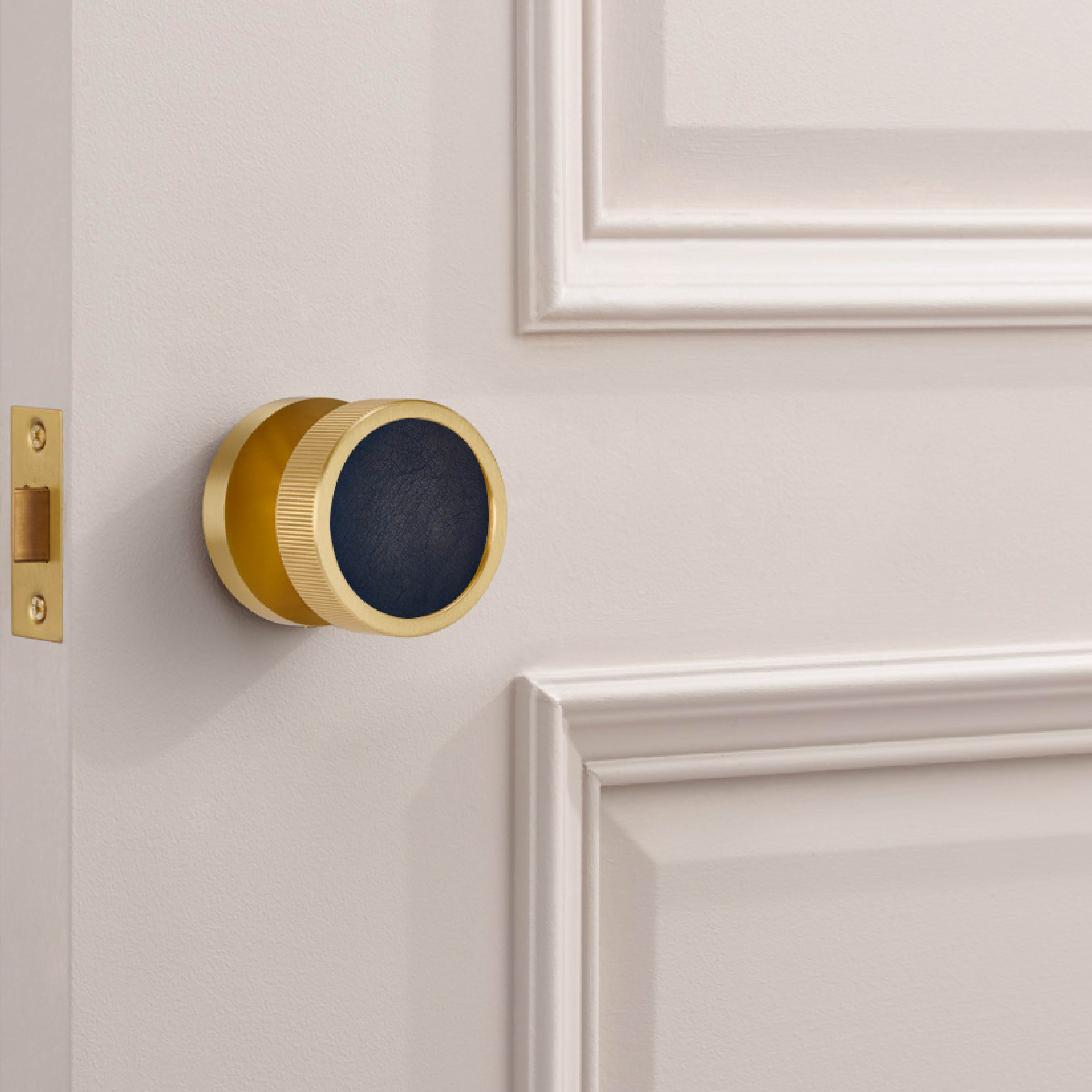 Brass & Leather Mortice Door Knobs in Gold