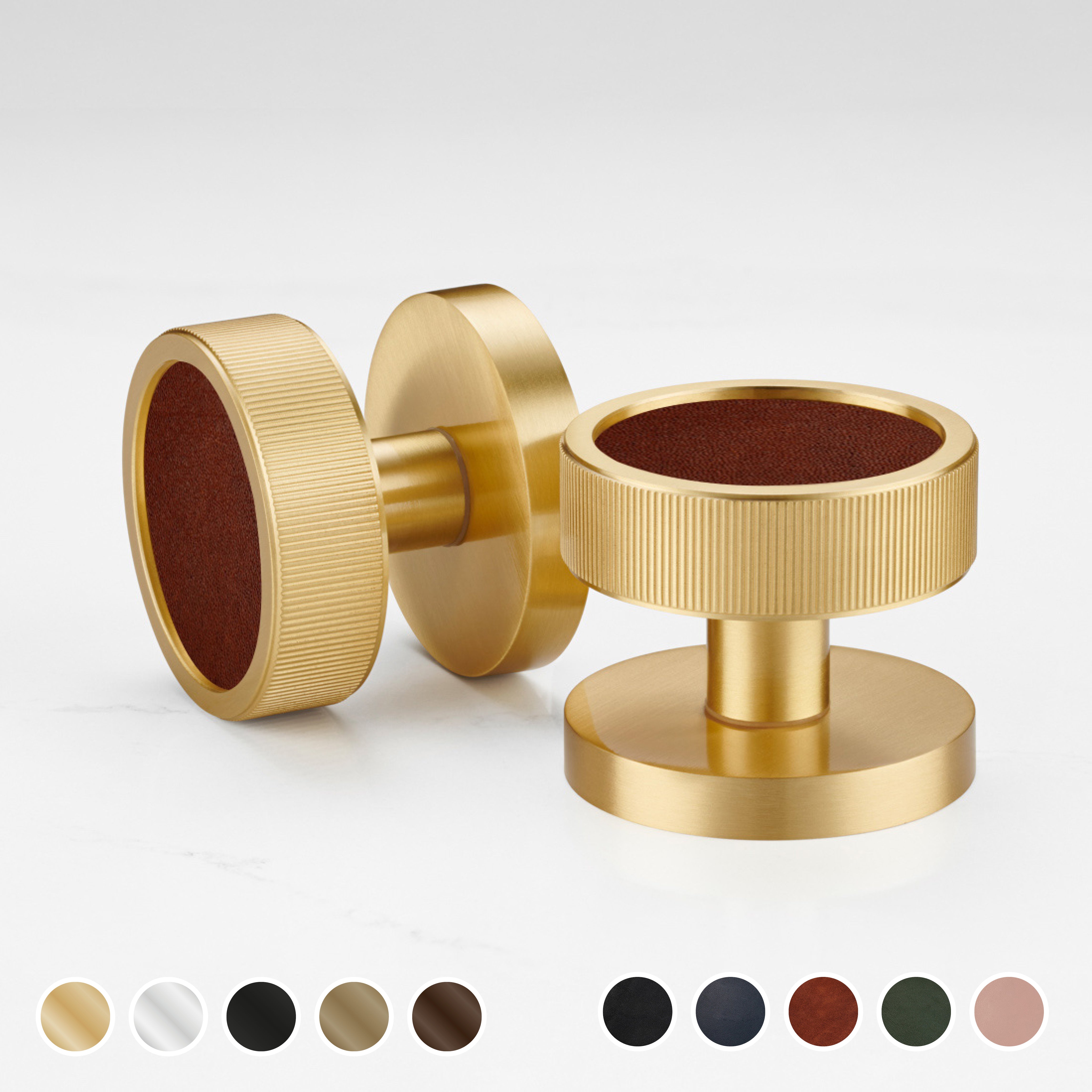 Brass & Leather Mortice Door Knobs - Linear