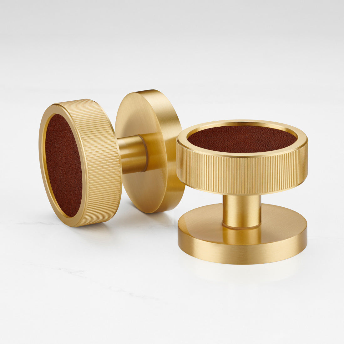 Brass & Leather Mortice Door Knobs in Gold