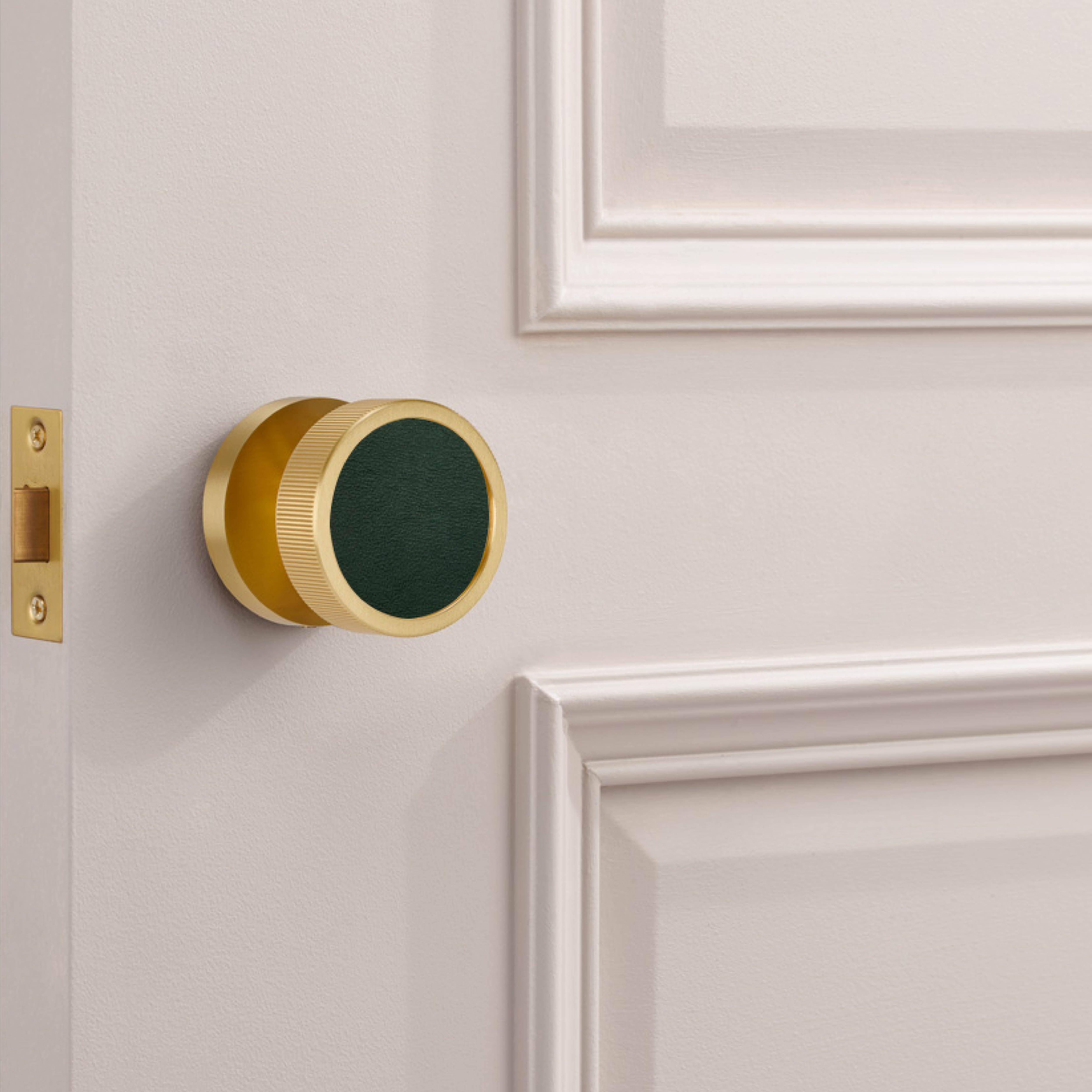 Brass & Leather Mortice Door Knobs in Gold