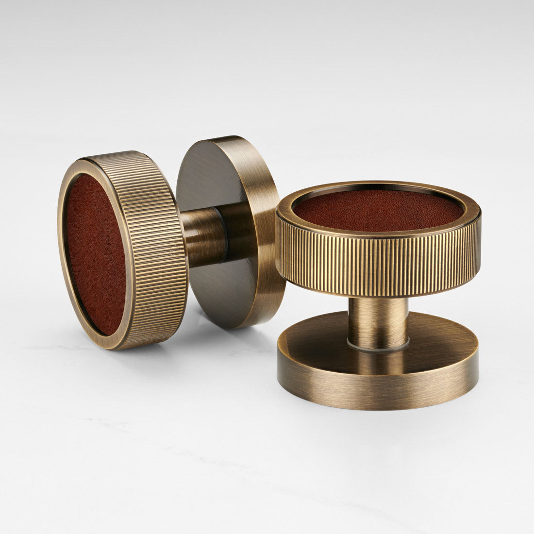 Brass & Leather Mortice Door Knobs in Antique