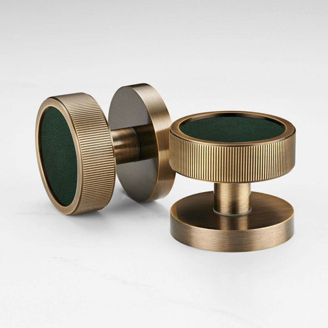 Brass & Leather Mortice Door Knobs in Antique