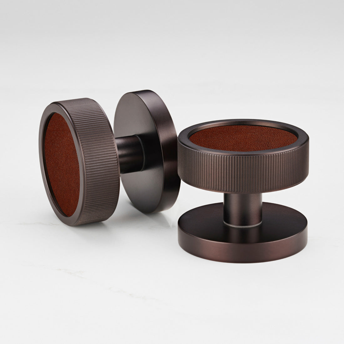 Brass & Leather Mortice Door Knobs in Bronze