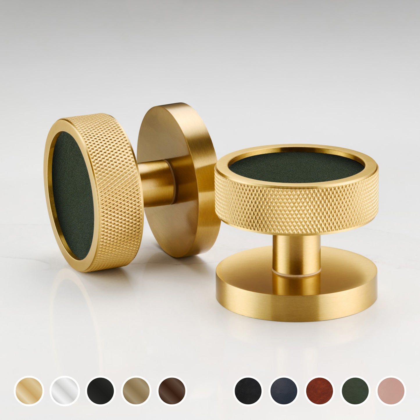 Brass & Leather Mortice Door Knobs  - Knurled