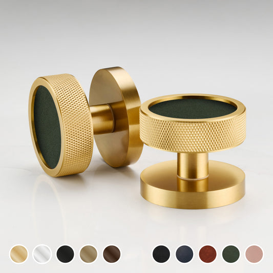Brass & Leather Mortice Door Knobs  - Knurled