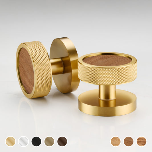 Brass & Wood Mortice Door Knobs  - Knurled