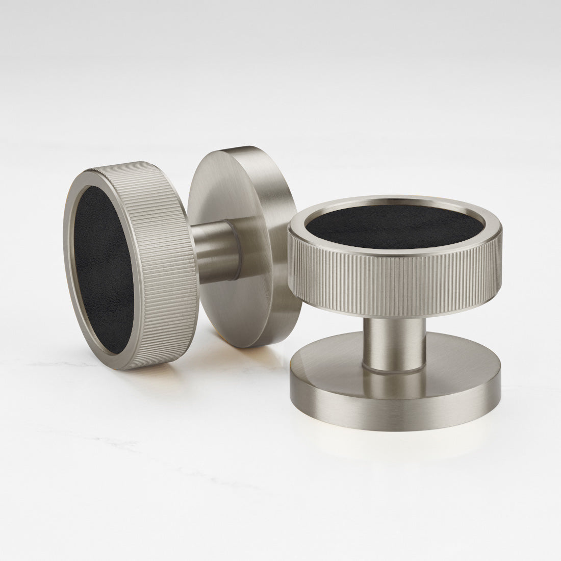 Brass & Leather Mortice Door Knobs in Silver