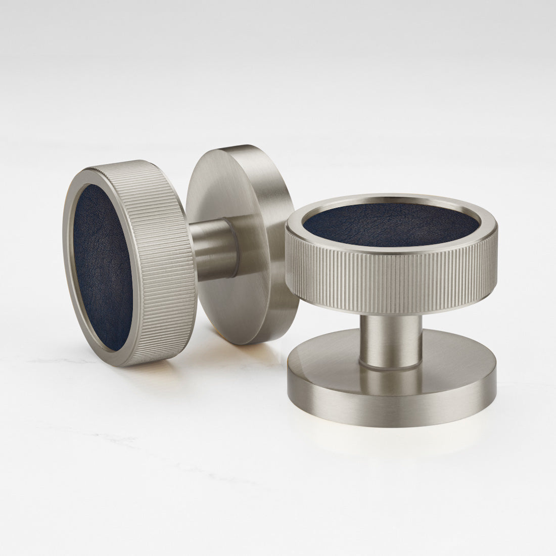 Brass & Leather Mortice Door Knobs in Silver