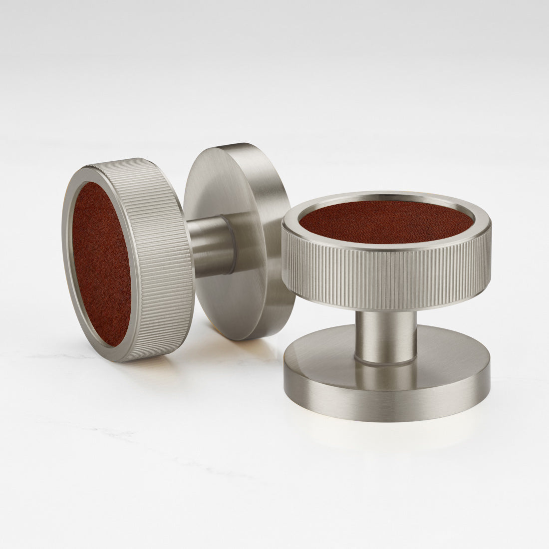 Brass & Leather Mortice Door Knobs in Silver
