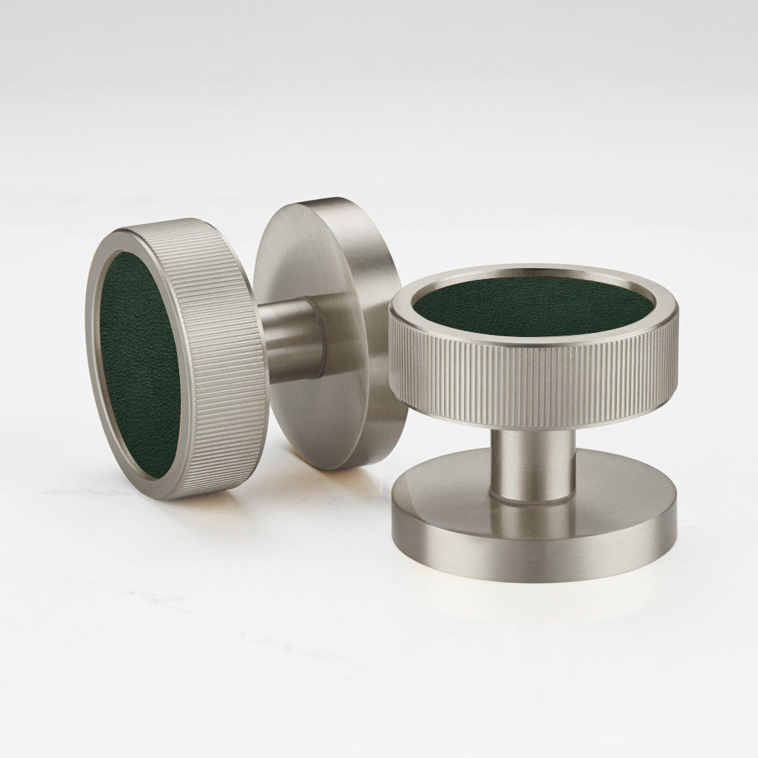 Brass & Leather Mortice Door Knobs in Silver
