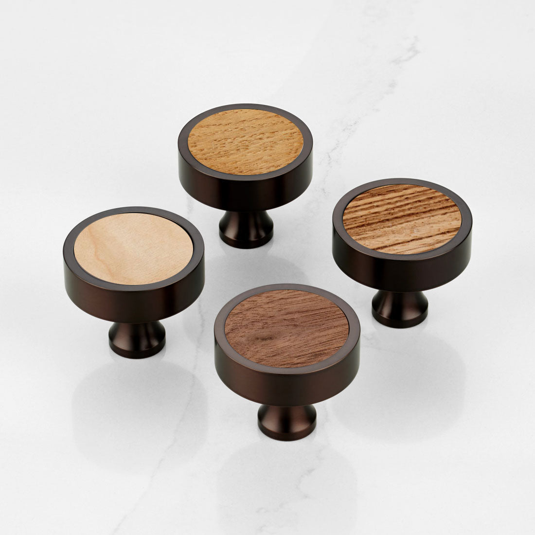 Brass & Zebrano Wood Round Door Knobs in Bronze