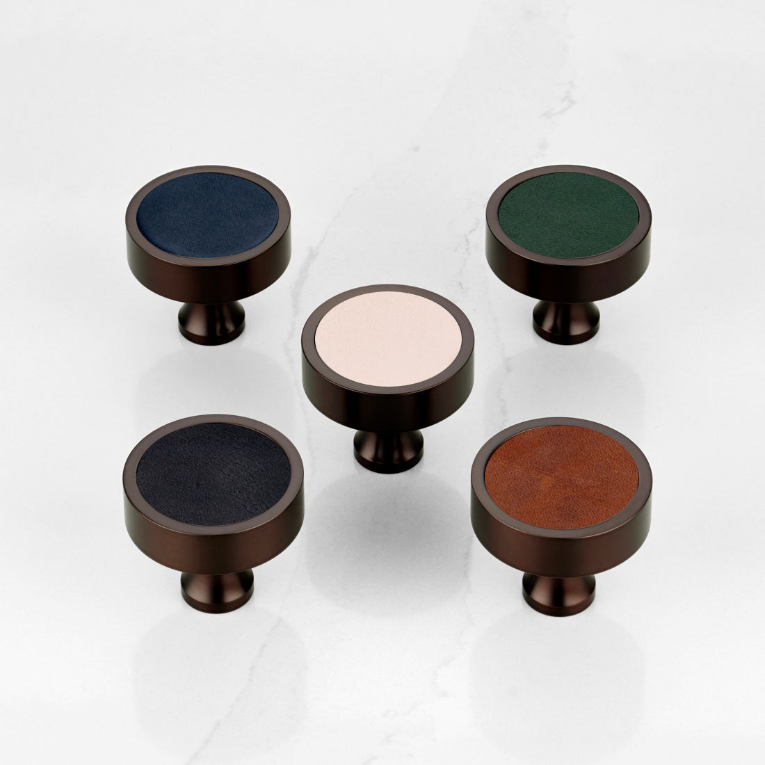 Brass & Black Leather Round Door Knobs in Bronze
