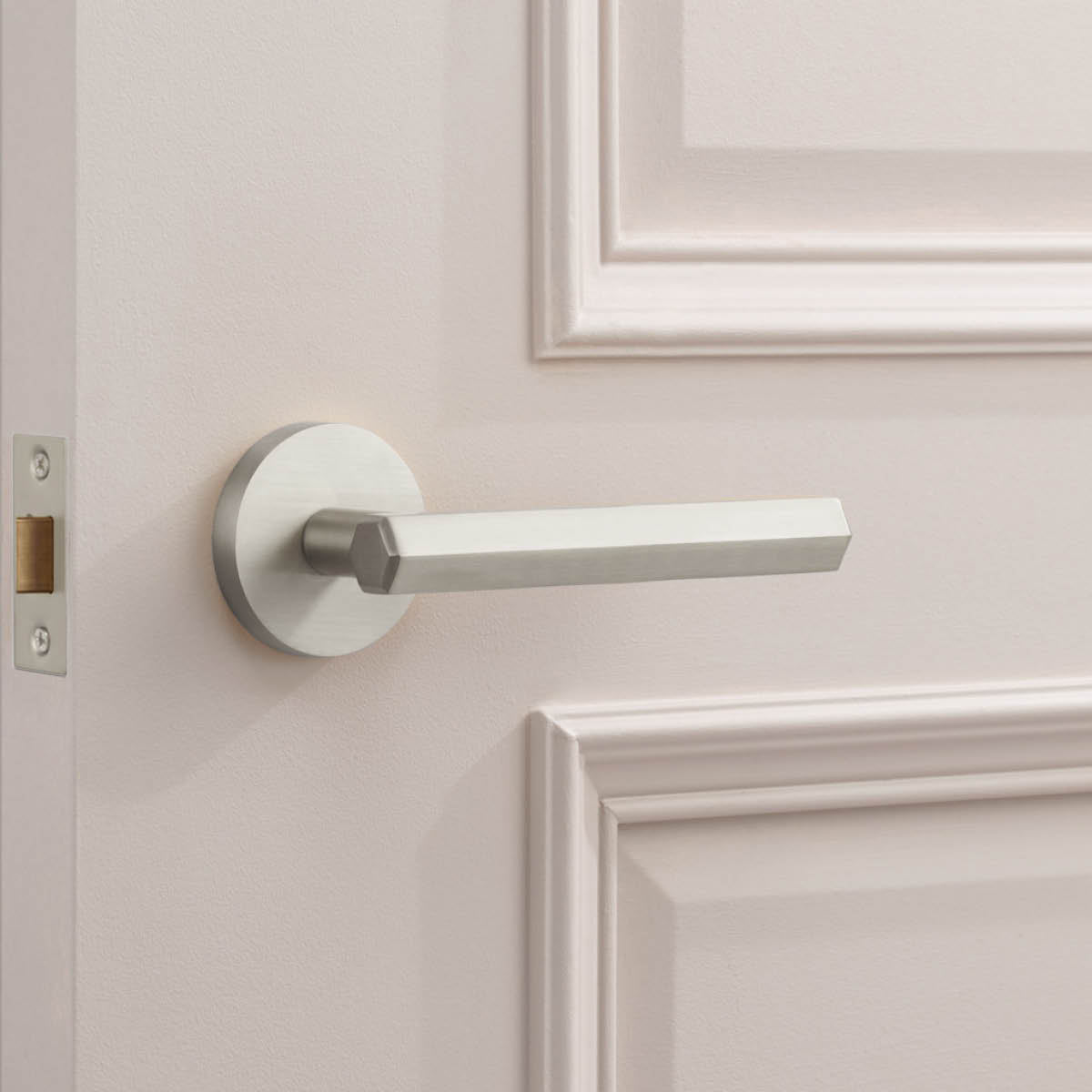 Brass Hexagonal Lever Door Handle in Silver