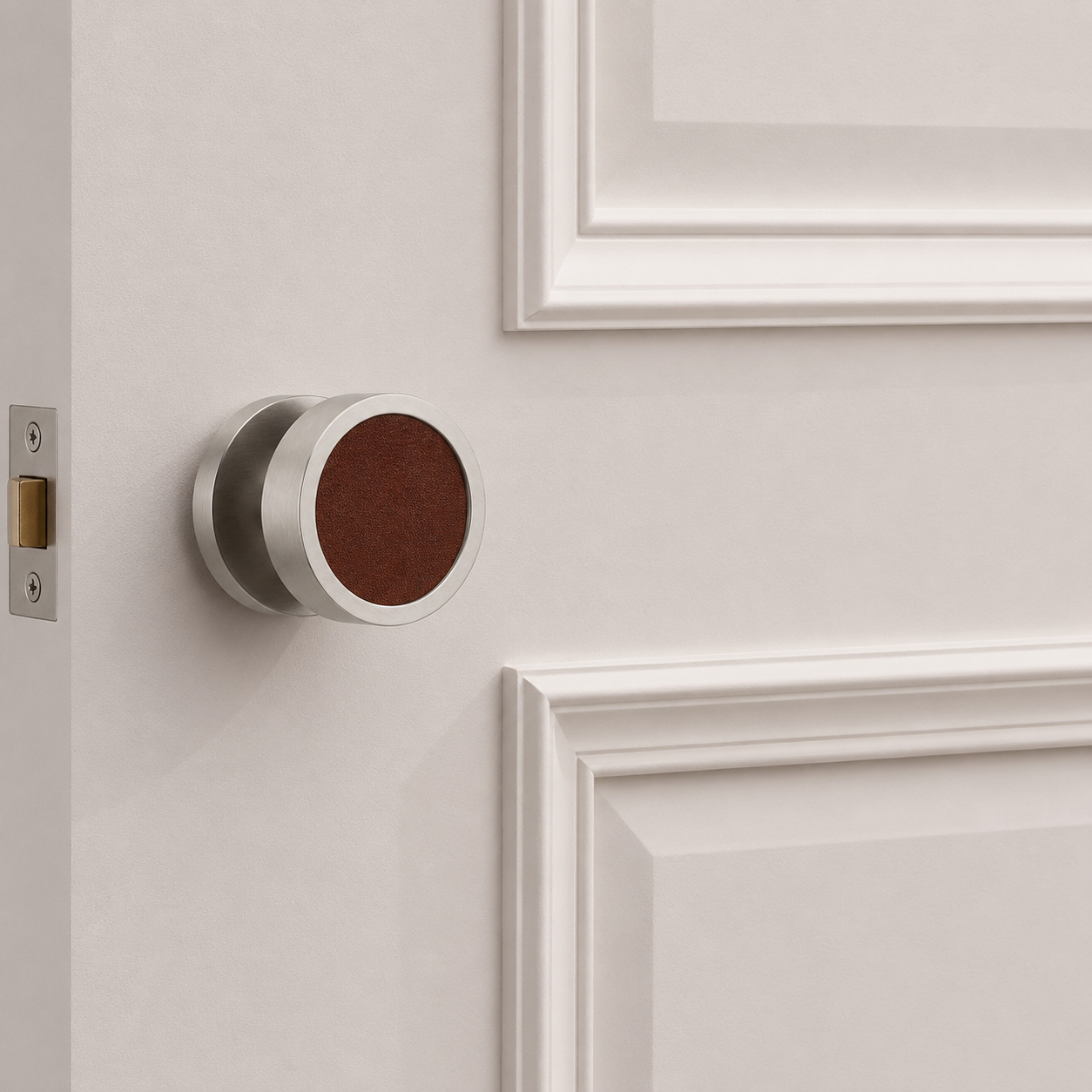 Brass & Leather Mortice Door Knobs in Silver