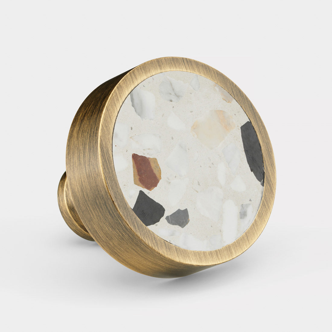 Brass & White Flek Terrazzo Round Door Knobs in Antique