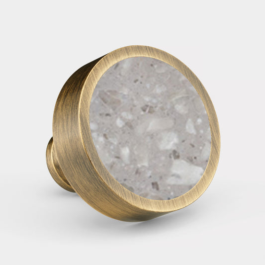 Brass & Grey Terrazzo Round Door Knobs in Antique