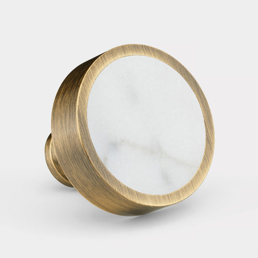 Brass & White Terrazzo Round Door Knobs in Antique