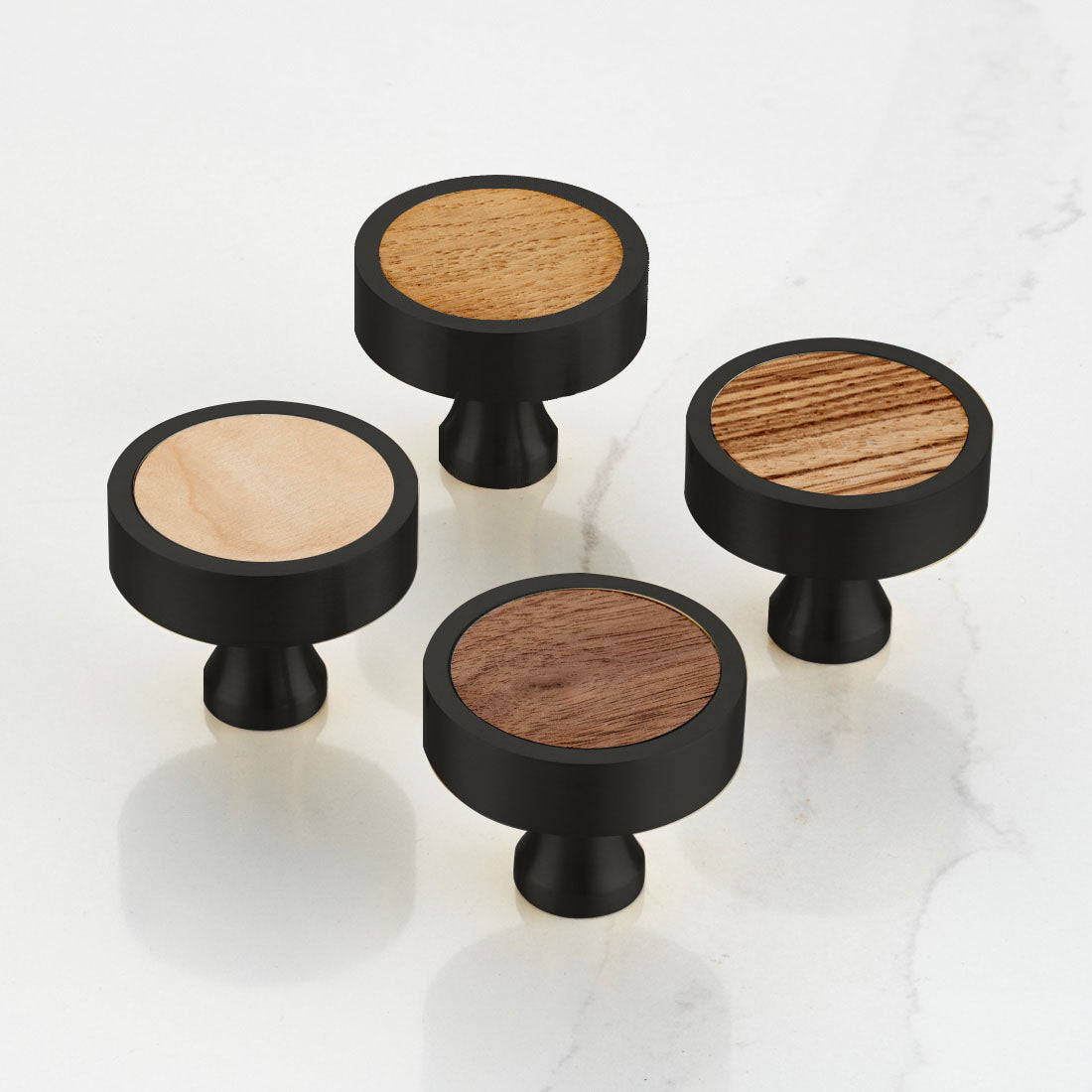 Brass & Zebrano Wood Round Door Knobs in Black