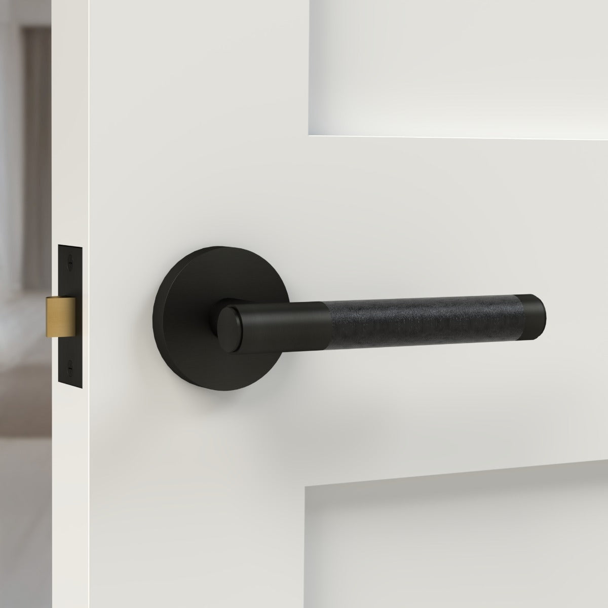 Brass Lever Door Handle in Black & Black Leather
