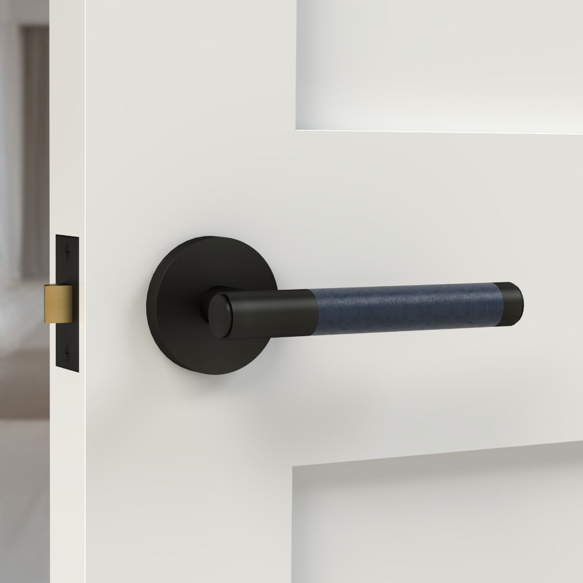 Brass Lever Door Handle in Black & Blue Leather