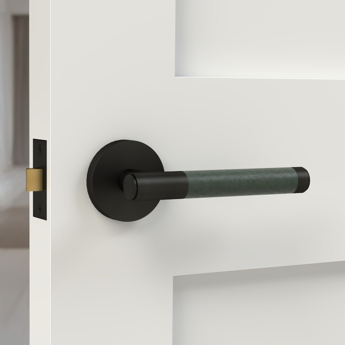 Brass Lever Door Handle in Black & Green Leather