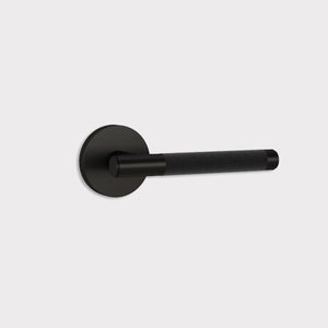 Brass Lever Door Handle in Black & Black Leather