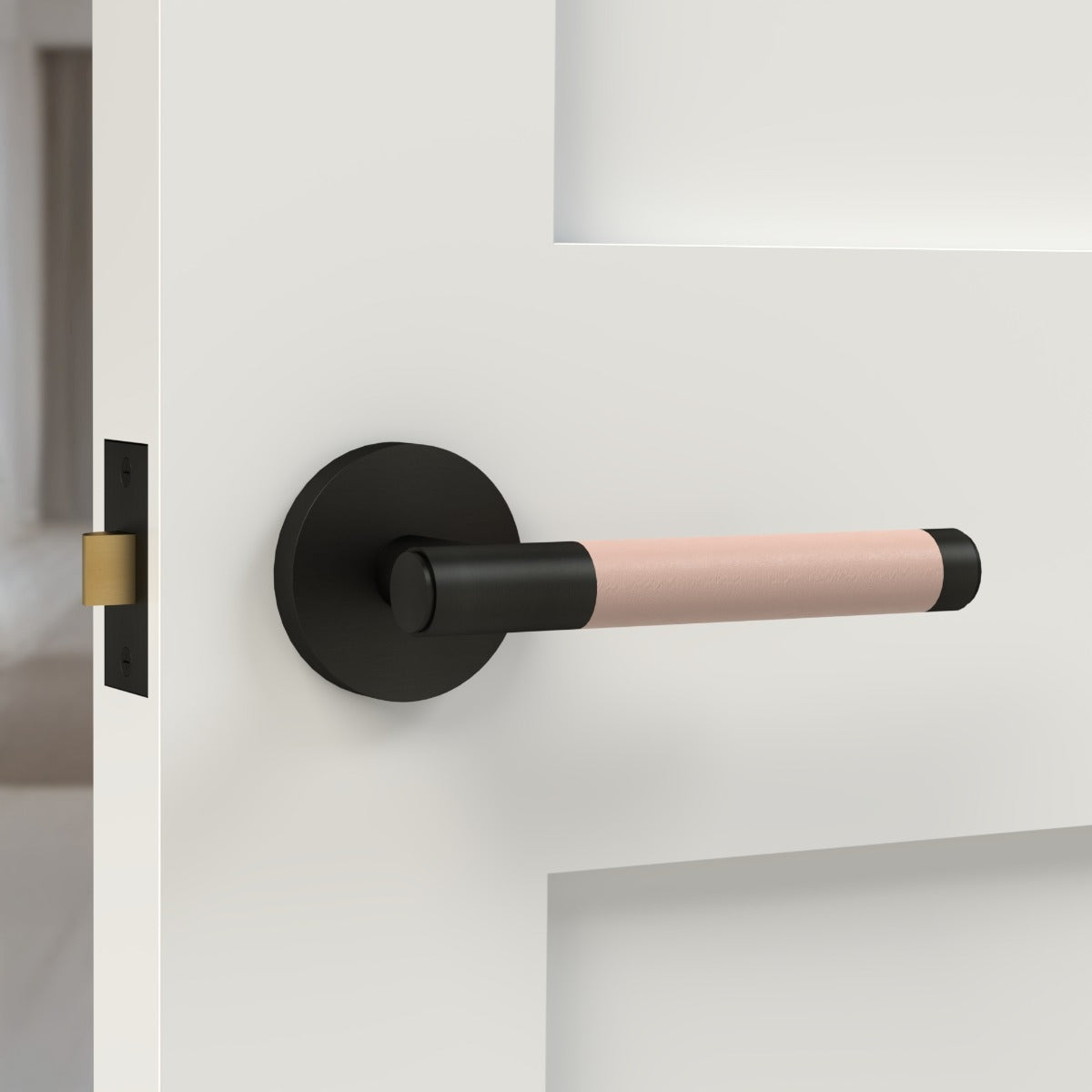 Brass Lever Door Handle in Black & Pink Leather