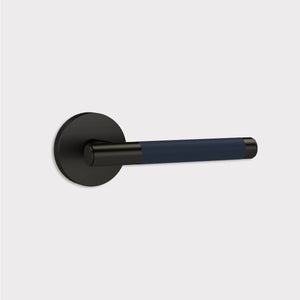 Brass Lever Door Handle in Black & Blue Leather