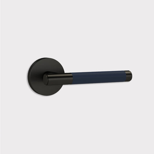 Brass Lever Door Handle in Black & Blue Leather