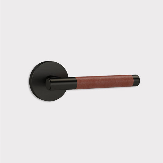 Brass Lever Door Handle in Black & Brown Leather