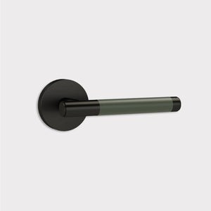 Brass Lever Door Handle in Black & Green Leather