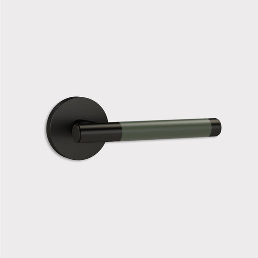 Brass Lever Door Handle in Black & Green Leather