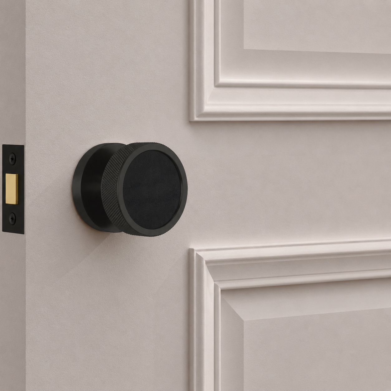 Brass & Leather Mortice Door Knobs in Black