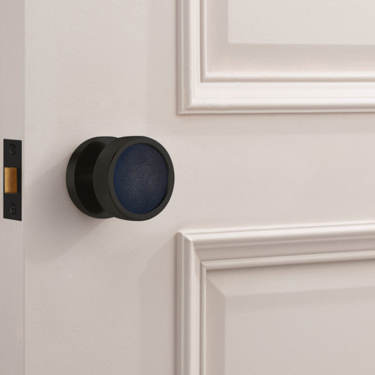 Brass & Leather Mortice Door Knobs in Black