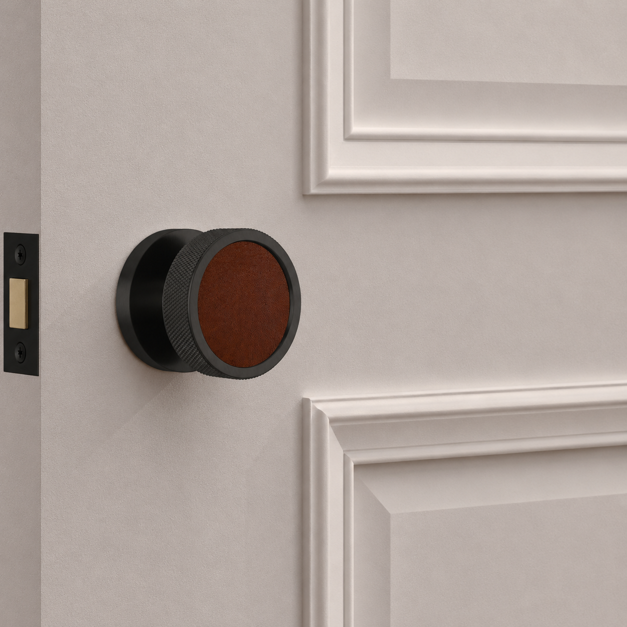 Brass & Leather Mortice Door Knobs in Black