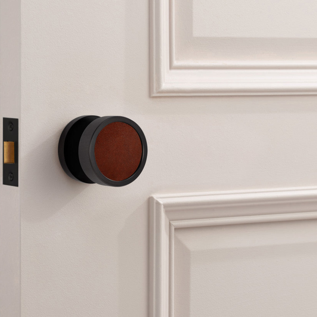 Brass & Leather Mortice Door Knobs in Black
