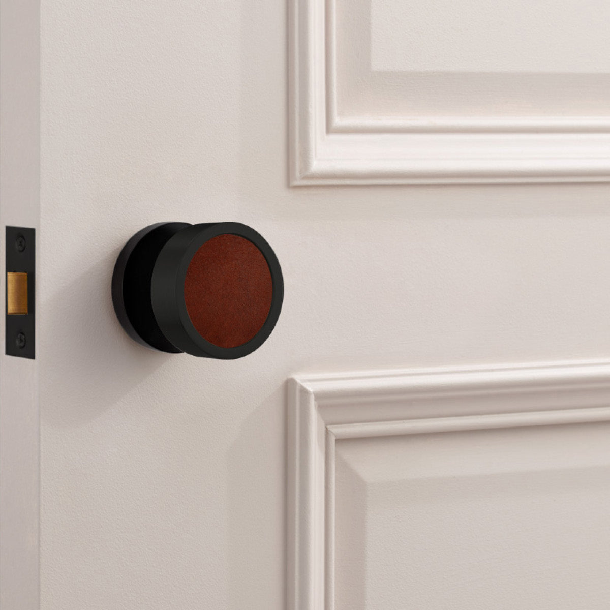 Brass & Leather Mortice Door Knobs in Black
