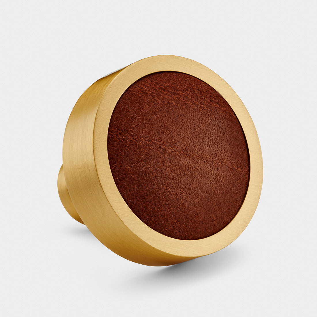 Brass & Brown Leather Round Door Knobs in Gold