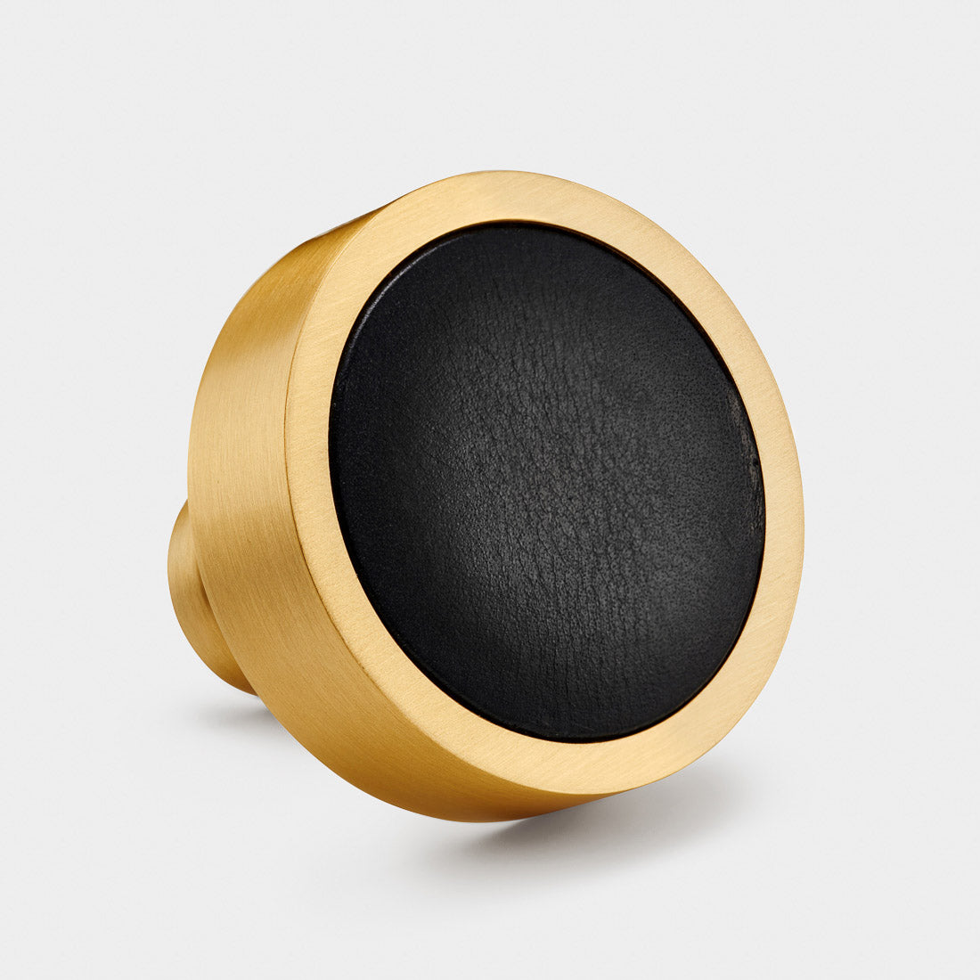 Brass & Black Leather Round Door Knobs in Gold