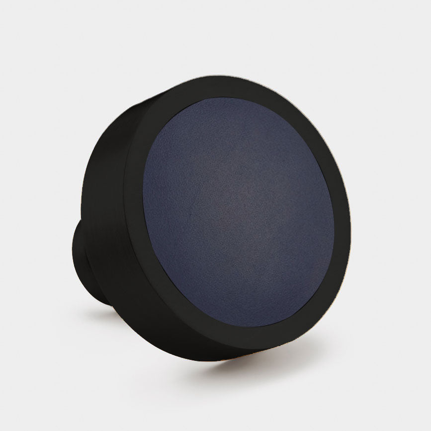 Brass & Blue Leather Round Door Knobs in Black