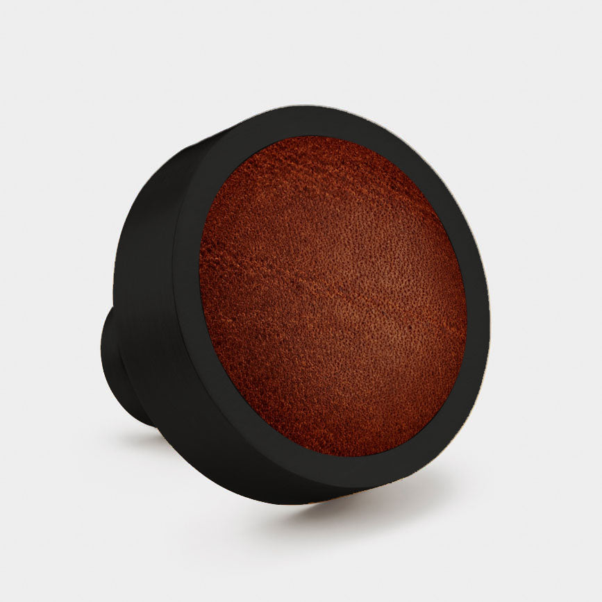 Brass & Brown Leather Round Door Knobs in Black