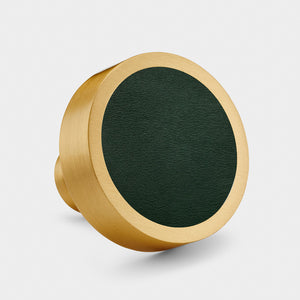 Brass & Green Leather Round Door Knobs in Gold