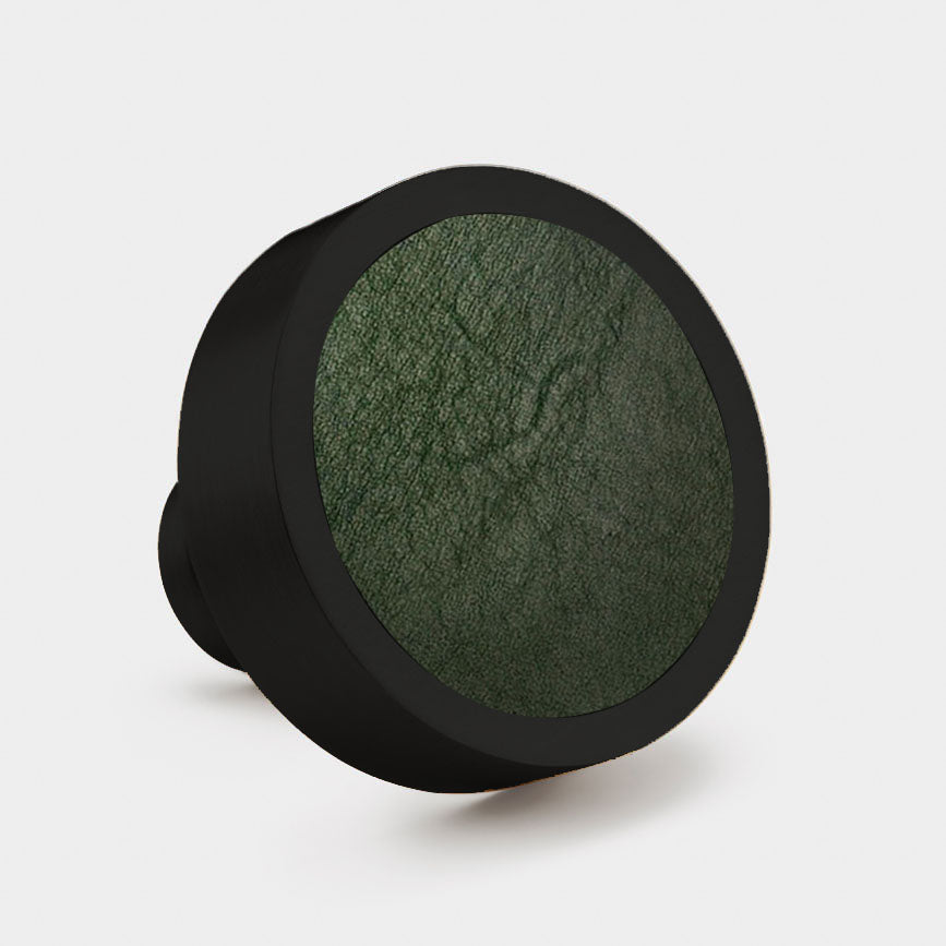 Brass & Green Leather Round Door Knobs in Black