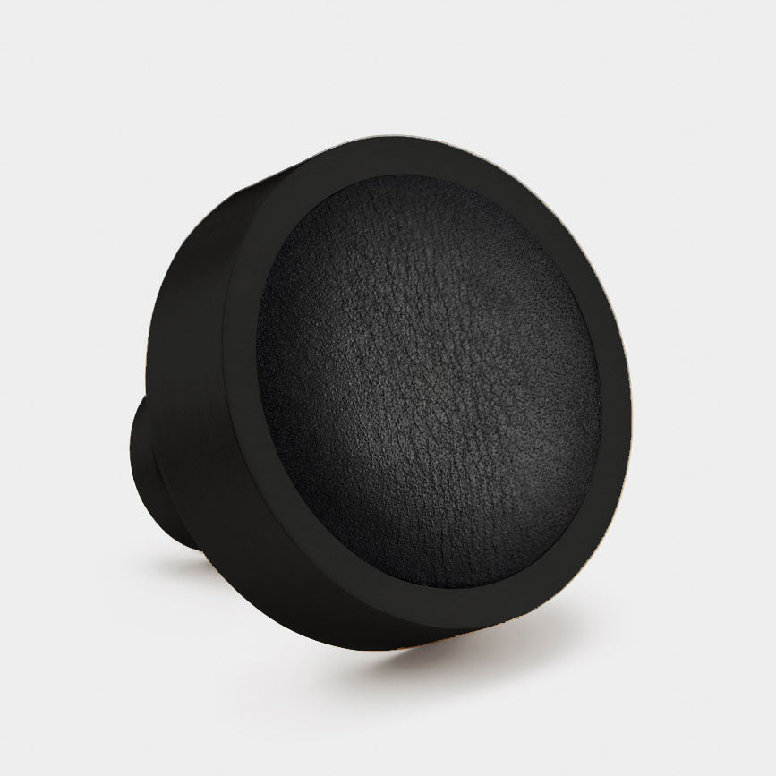 Brass & Black Leather Round Door Knobs in Black