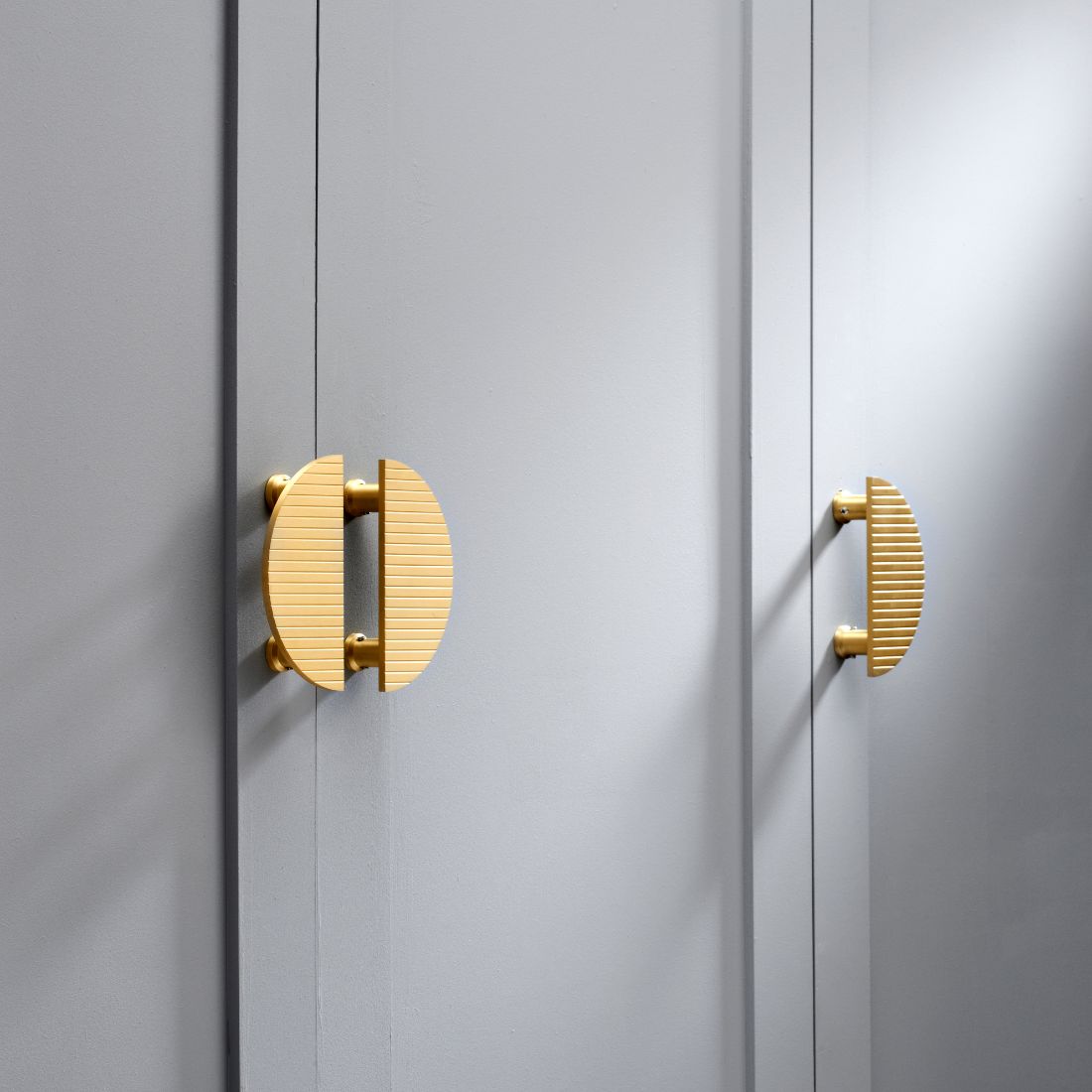 Large Solid Brass Striped Half Moon Handles in Gold