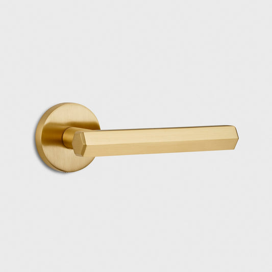 Brass Hexagonal Lever Door Handle in Gold